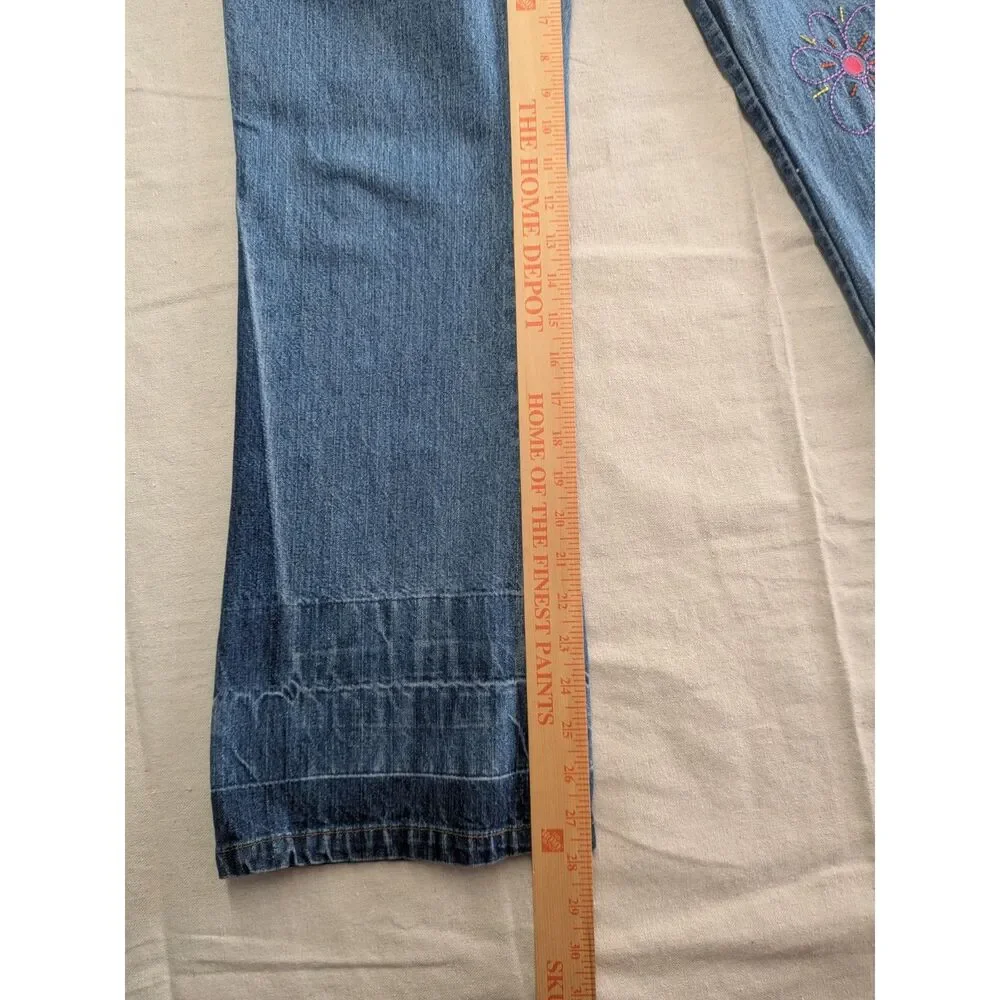 No Boundaries Juniors 11 Y2K Flower Power Embroidered Wide Leg Jeans 100% Cotton